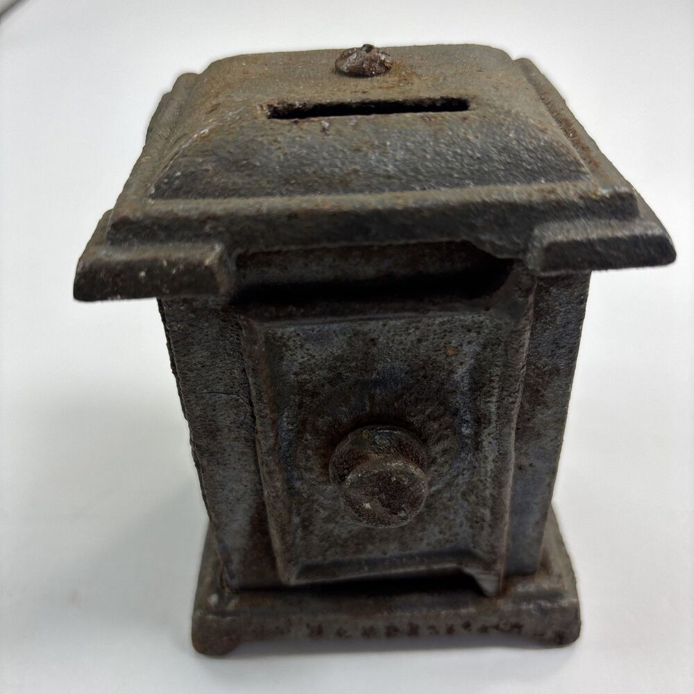 Vintage Cast Iron Still Bank Safe Deposit Coin Box Metal